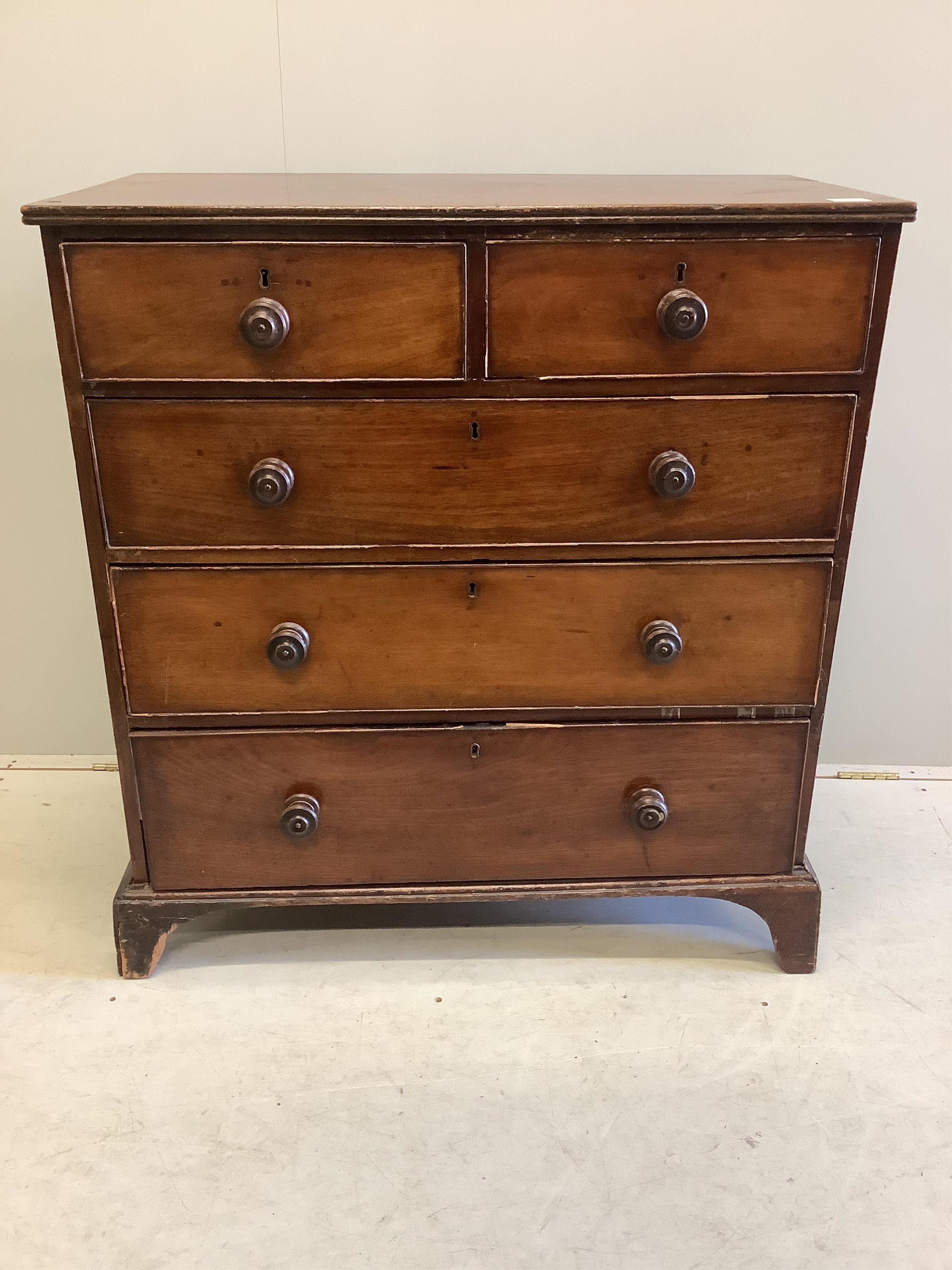 A George III Provincial mahogany chest of drawers, width 93cm, depth 50cm, height 100cm. Condition - poor to fair